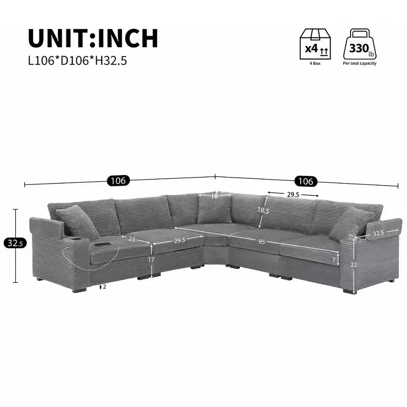 Whisen Oversized Convertible L-shaped Sectional Sofa, Corduroy Corner Couch with Armrest Storage, Cup Holders, USB Charger