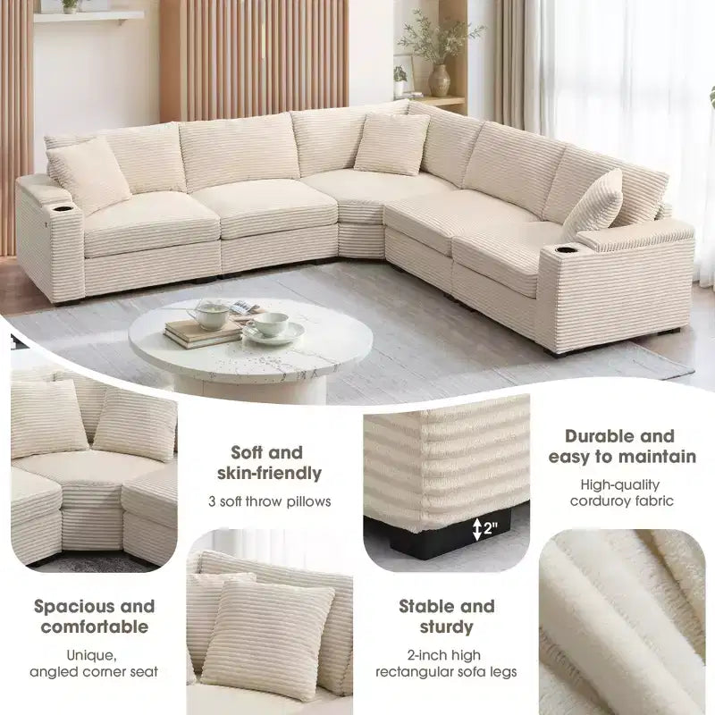 Whisen Oversized Convertible L-shaped Sectional Sofa, Corduroy Corner Couch with Armrest Storage, Cup Holders, USB Charger