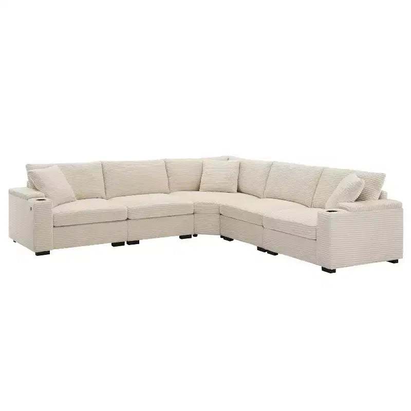 Whisen Oversized Convertible L-shaped Sectional Sofa, Corduroy Corner Couch with Armrest Storage, Cup Holders, USB Charger