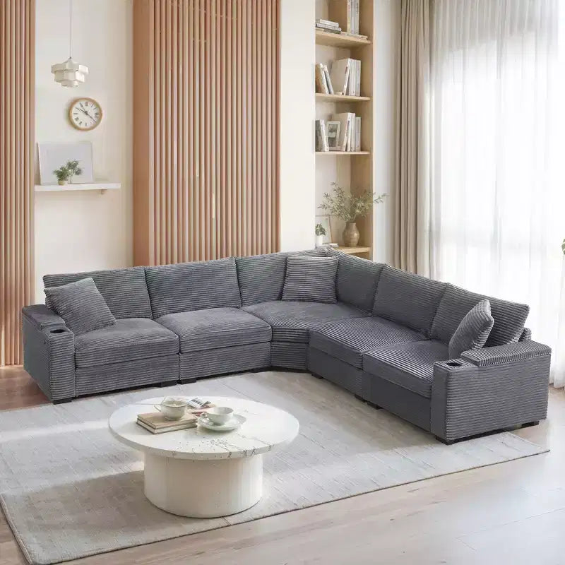 Whisen Oversized Convertible L-shaped Sectional Sofa, Corduroy Corner Couch with Armrest Storage, Cup Holders, USB Charger