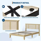 Bed Frame with Natural Rattan Headboard, Wood Platform Beds Strong Wooden Slats, No Box Spring Required, Noise Free, Easy Assembly
