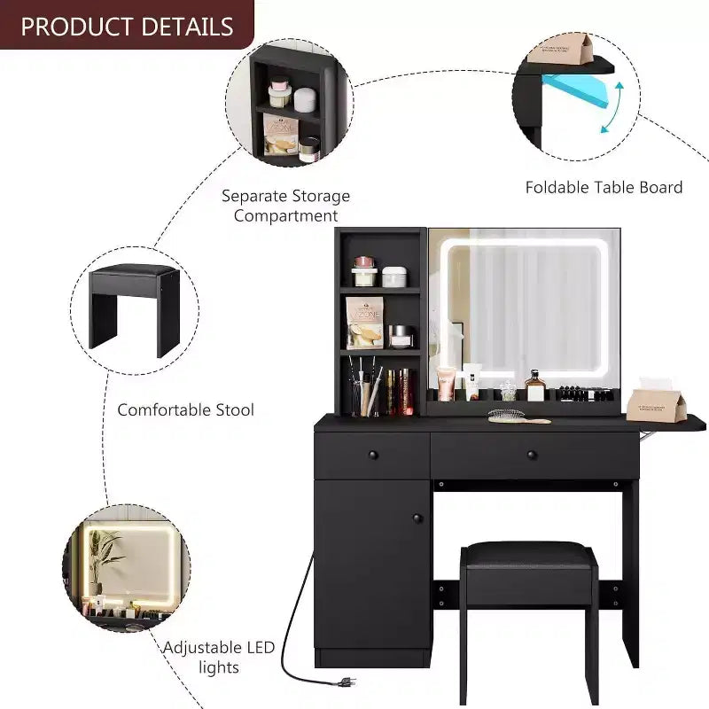 Vanity Desk with Drawers, Stylish Dressing Table Bedroom Makeup Table Set, with Chair, Mirror and Lights, for Bedroom, Black