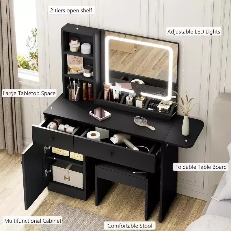 Vanity Desk with Drawers, Stylish Dressing Table Bedroom Makeup Table Set, with Chair, Mirror and Lights, for Bedroom, Black