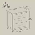 Farmhouse Nightstand with Charging Station - 3-Drawer Bedside Table with USB Ports