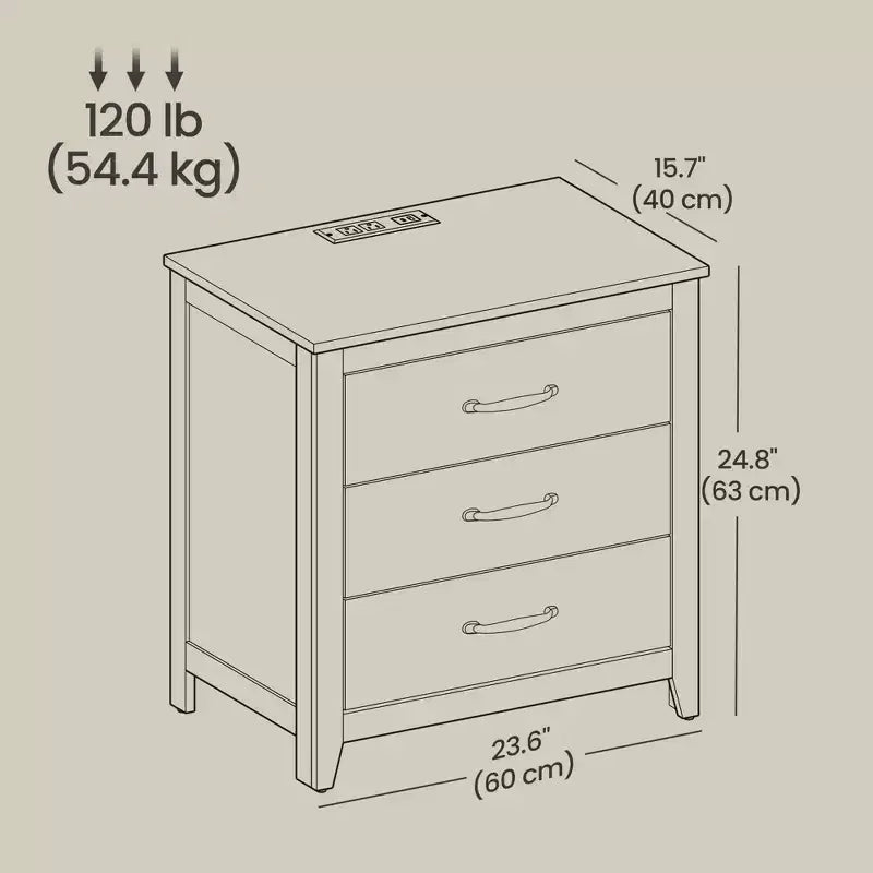 Farmhouse Nightstand with Charging Station - 3-Drawer Bedside Table with USB Ports
