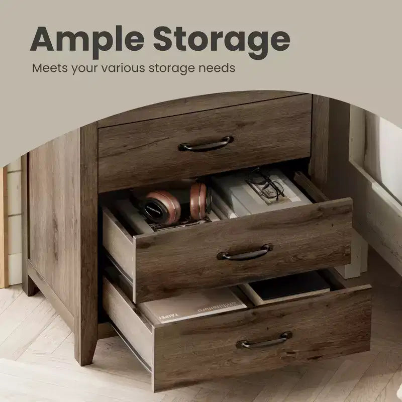 Farmhouse Nightstand with Charging Station - 3-Drawer Bedside Table with USB Ports