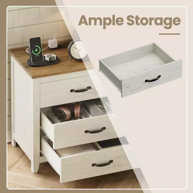 Farmhouse Nightstand with Charging Station - 3-Drawer Bedside Table with USB Ports