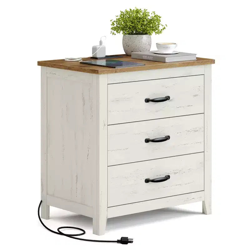Farmhouse Nightstand with Charging Station - 3-Drawer Bedside Table with USB Ports