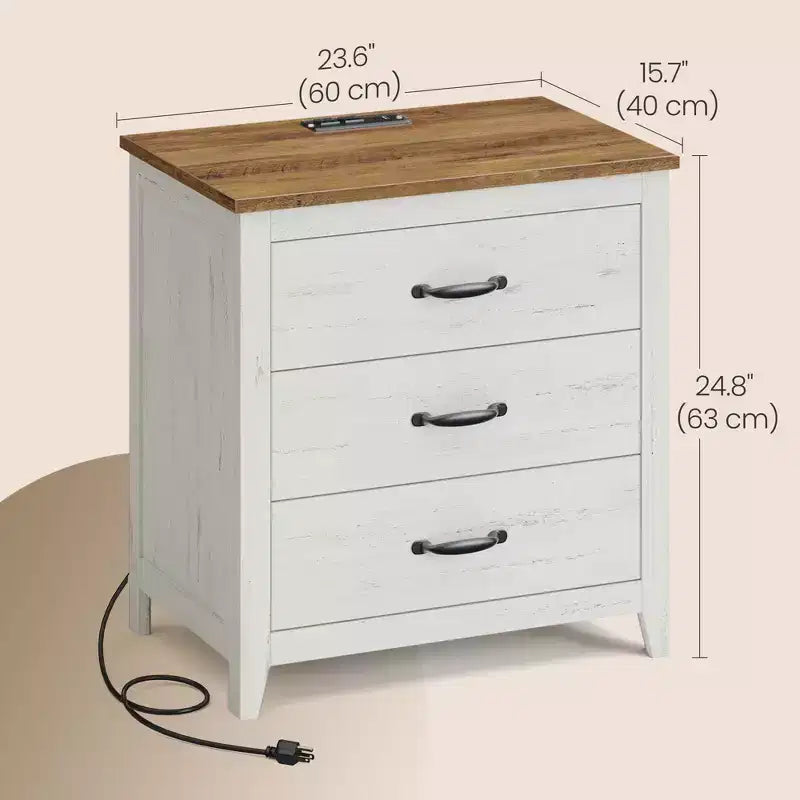 Farmhouse Nightstand with Charging Station - 3-Drawer Bedside Table with USB Ports