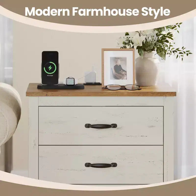 Farmhouse Nightstand with Charging Station - 3-Drawer Bedside Table with USB Ports