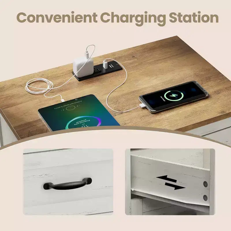 Farmhouse Nightstand with Charging Station - 3-Drawer Bedside Table with USB Ports