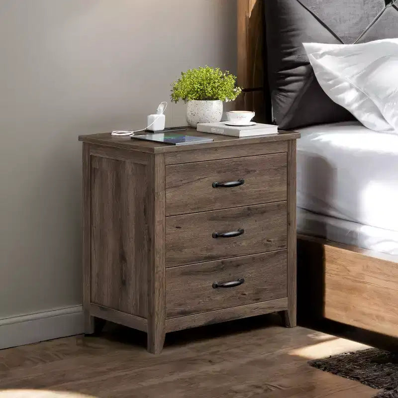 Farmhouse Nightstand with Charging Station - 3-Drawer Bedside Table with USB Ports
