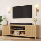 Meuble TV cannelé pour 80 pouces, meuble de divertissement moderne avec étagères réglables, meuble TV et multimédia de rangement à 2 niveaux pour salon et chambre à coucher