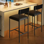 Bar Stools Set of , Upholstered Barstools with Metal Legs, Footrest & Backrest, PU Seat, Kitchen Height Chairs