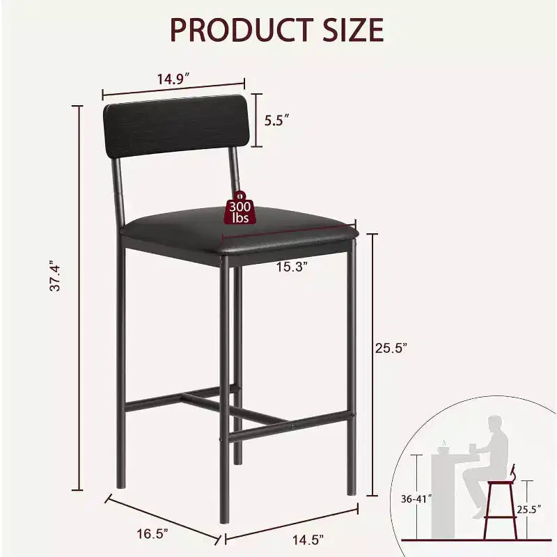 Bar Stools Set of , Upholstered Barstools with Metal Legs, Footrest & Backrest, PU Seat, Kitchen Height Chairs