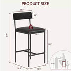 Bar Stools Set of , Upholstered Barstools with Metal Legs, Footrest & Backrest, PU Seat, Kitchen Height Chairs