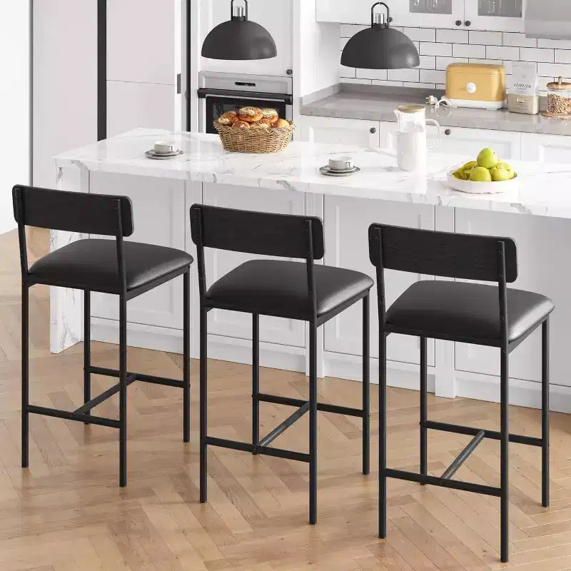 Bar Stools Set of , Upholstered Barstools with Metal Legs, Footrest & Backrest, PU Seat, Kitchen Height Chairs