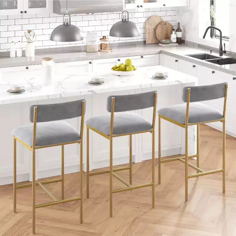 Bar Stools Set of , Upholstered Barstools with Metal Legs, Footrest & Backrest, PU Seat, Kitchen Height Chairs