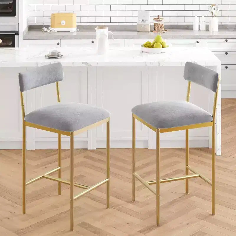 Bar Stools Set of , Upholstered Barstools with Metal Legs, Footrest & Backrest, PU Seat, Kitchen Height Chairs