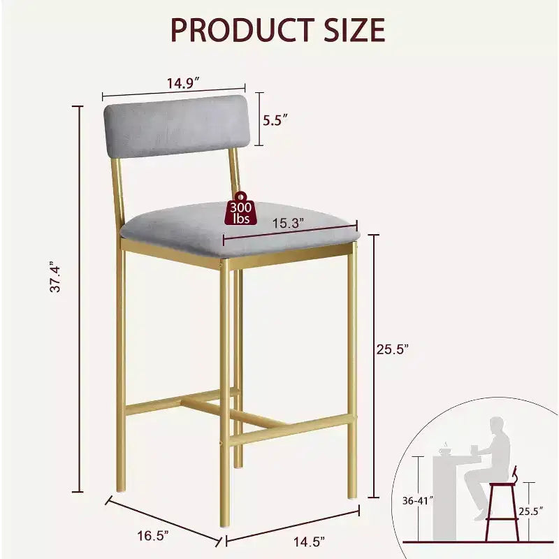 Bar Stools Set of , Upholstered Barstools with Metal Legs, Footrest & Backrest, PU Seat, Kitchen Height Chairs