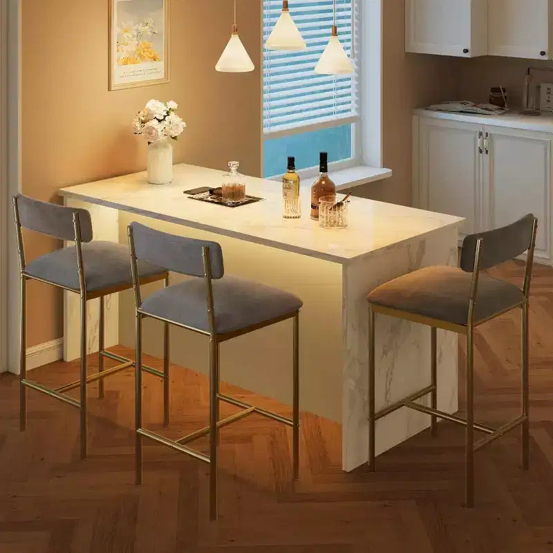 Bar Stools Set of , Upholstered Barstools with Metal Legs, Footrest & Backrest, PU Seat, Kitchen Height Chairs