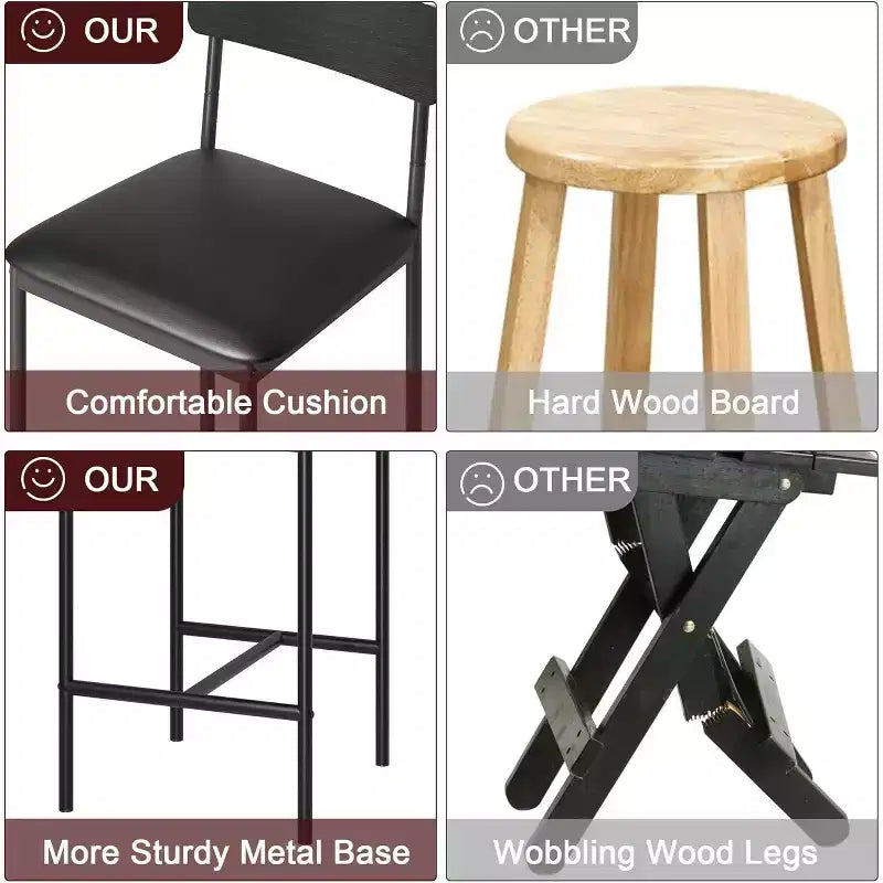 Bar Stools Set of , Upholstered Barstools with Metal Legs, Footrest & Backrest, PU Seat, Kitchen Height Chairs