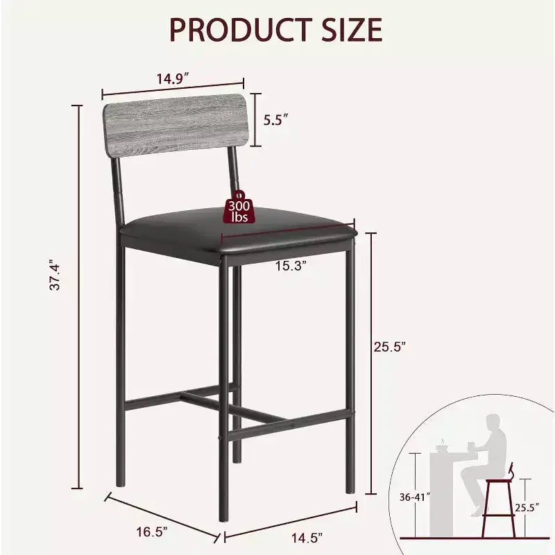 Bar Stools Set of , Upholstered Barstools with Metal Legs, Footrest & Backrest, PU Seat, Kitchen Height Chairs