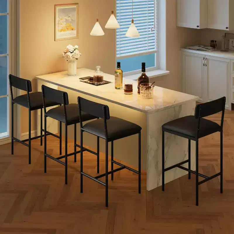 Bar Stools Set of , Upholstered Barstools with Metal Legs, Footrest & Backrest, PU Seat, Kitchen Height Chairs