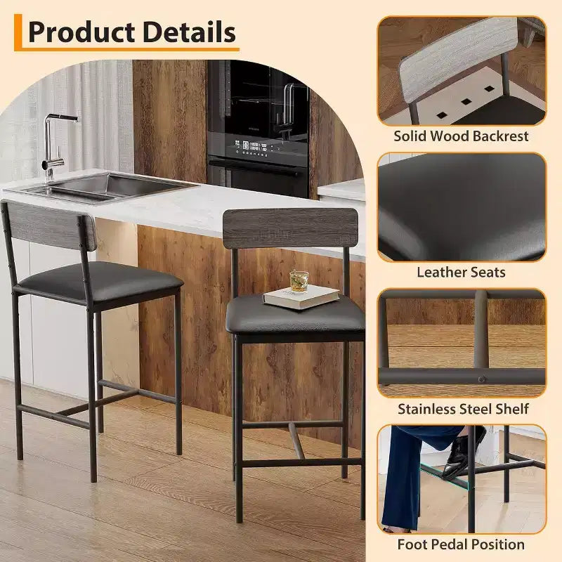 Bar Stools Set of , Upholstered Barstools with Metal Legs, Footrest & Backrest, PU Seat, Kitchen Height Chairs
