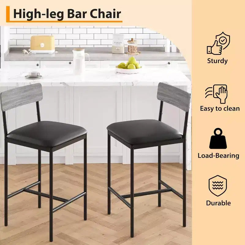 Bar Stools Set of , Upholstered Barstools with Metal Legs, Footrest & Backrest, PU Seat, Kitchen Height Chairs