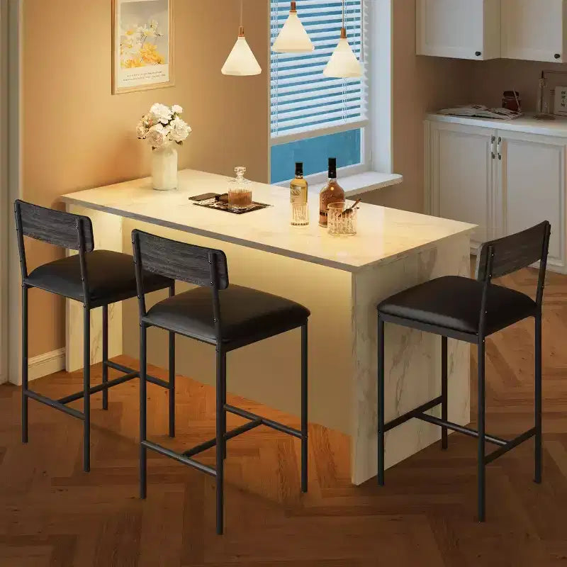 Bar Stools Set of , Upholstered Barstools with Metal Legs, Footrest & Backrest, PU Seat, Kitchen Height Chairs