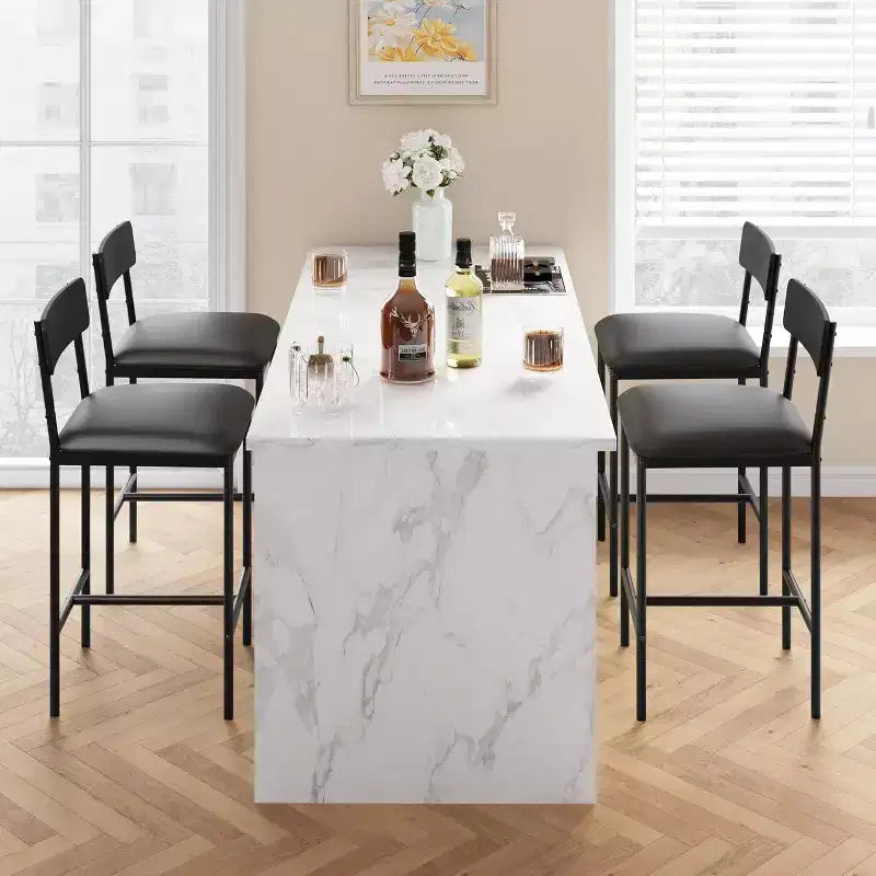 Bar Stools Set of , Upholstered Barstools with Metal Legs, Footrest & Backrest, PU Seat, Kitchen Height Chairs