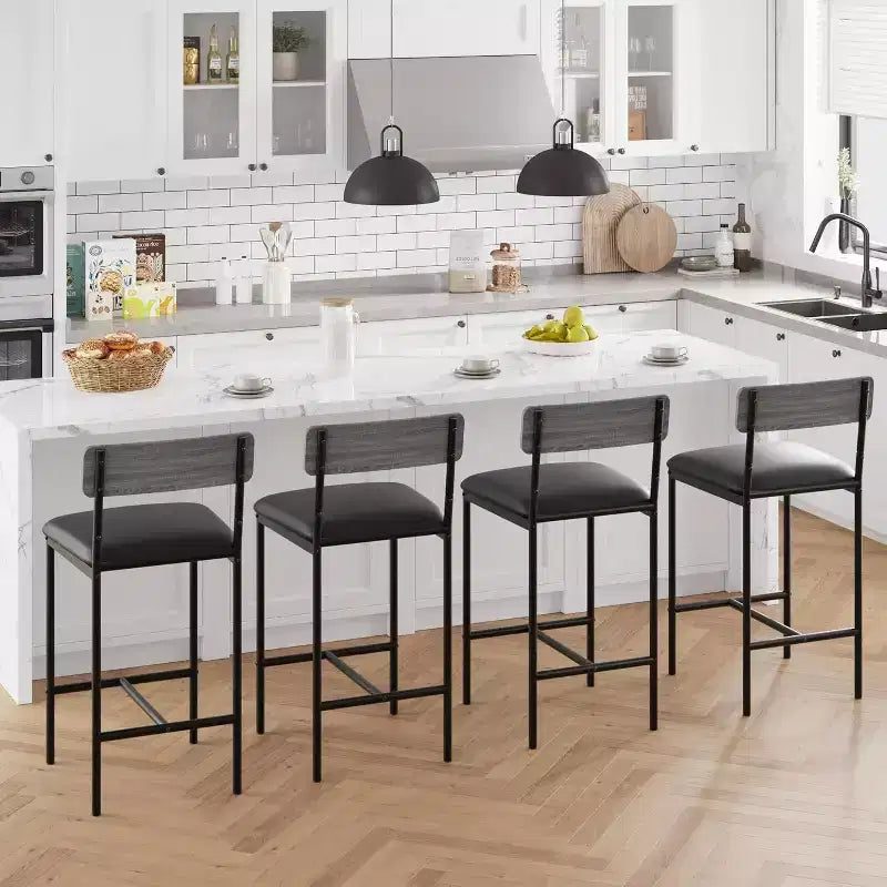 Bar Stools Set of , Upholstered Barstools with Metal Legs, Footrest & Backrest, PU Seat, Kitchen Height Chairs