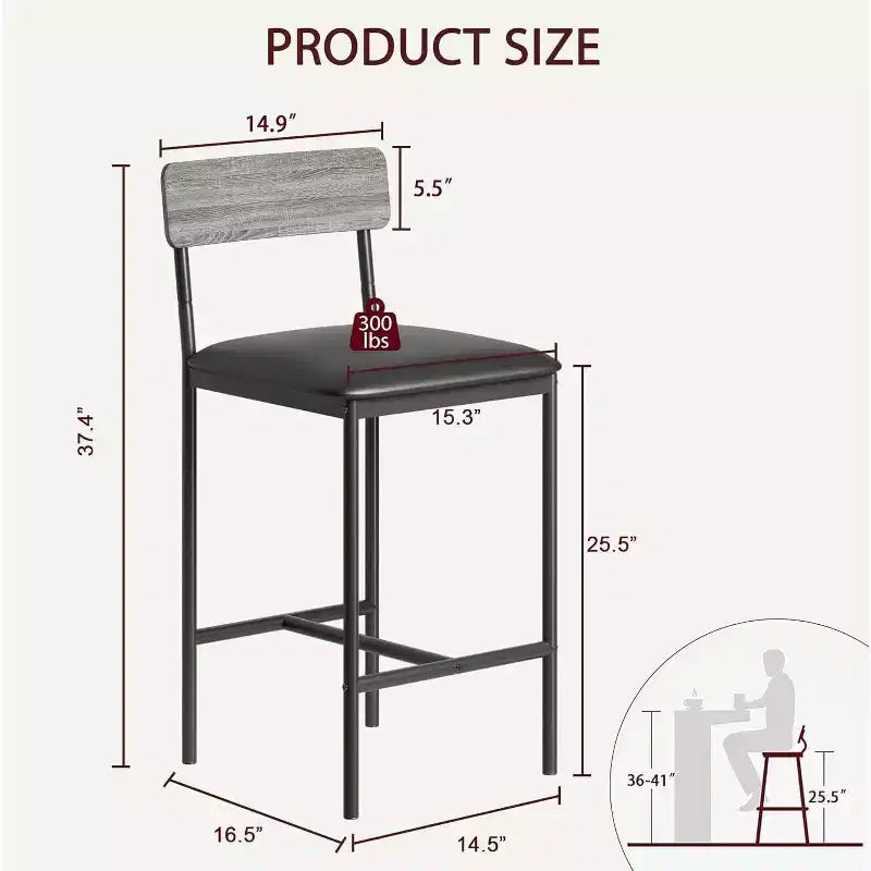 Bar Stools Set of , Upholstered Barstools with Metal Legs, Footrest & Backrest, PU Seat, Kitchen Height Chairs