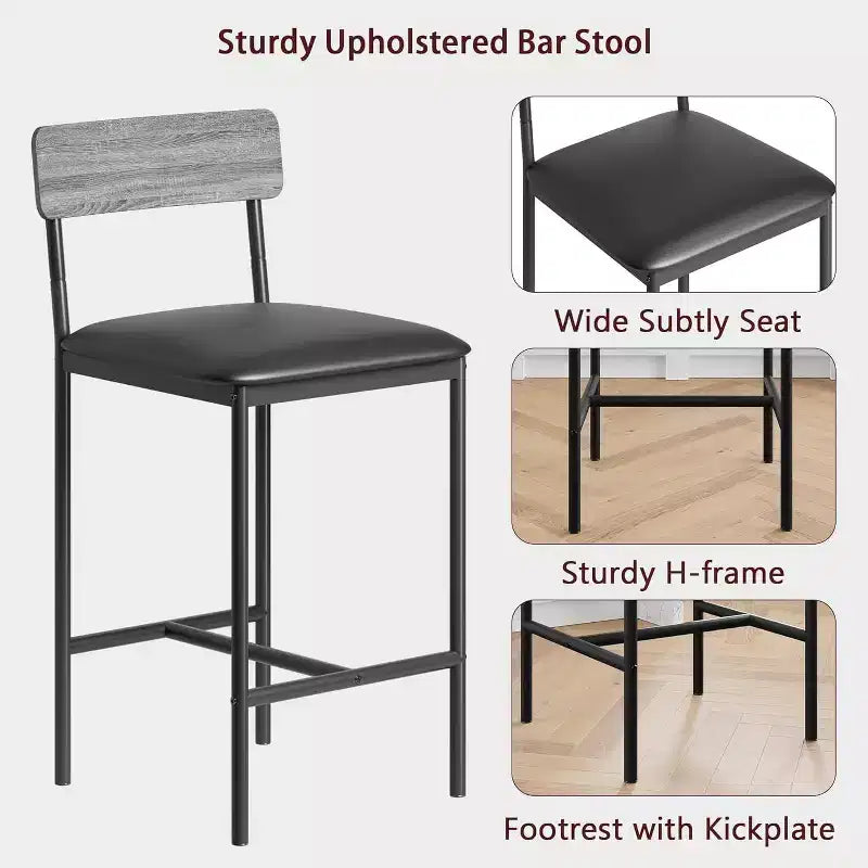 Bar Stools Set of , Upholstered Barstools with Metal Legs, Footrest & Backrest, PU Seat, Kitchen Height Chairs