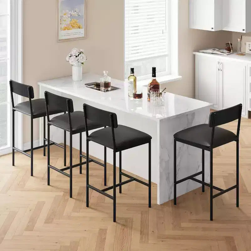Bar Stools Set of , Upholstered Barstools with Metal Legs, Footrest & Backrest, PU Seat, Kitchen Height Chairs