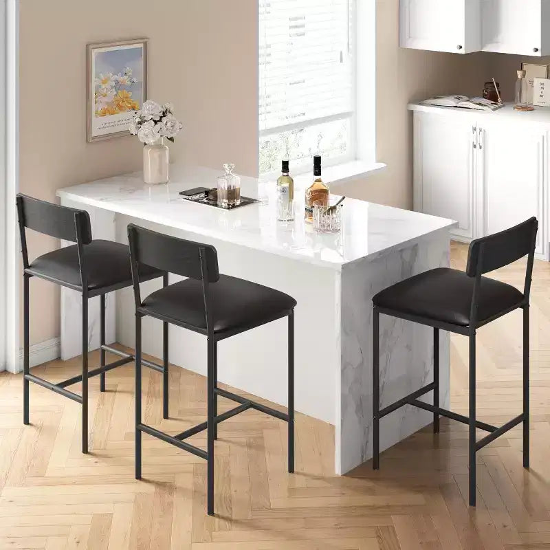 Bar Stools Set of , Upholstered Barstools with Metal Legs, Footrest & Backrest, PU Seat, Kitchen Height Chairs