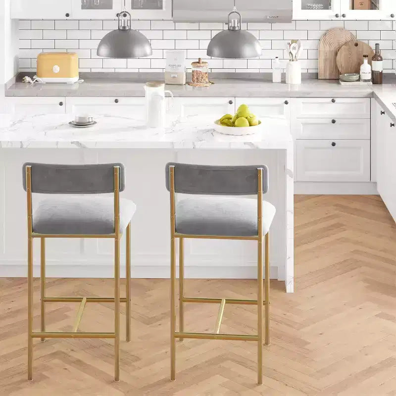 Bar Stools Set of , Upholstered Barstools with Metal Legs, Footrest & Backrest, PU Seat, Kitchen Height Chairs