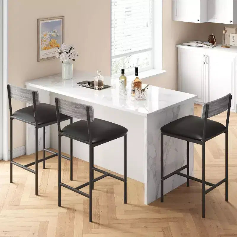 Bar Stools Set of , Upholstered Barstools with Metal Legs, Footrest & Backrest, PU Seat, Kitchen Height Chairs