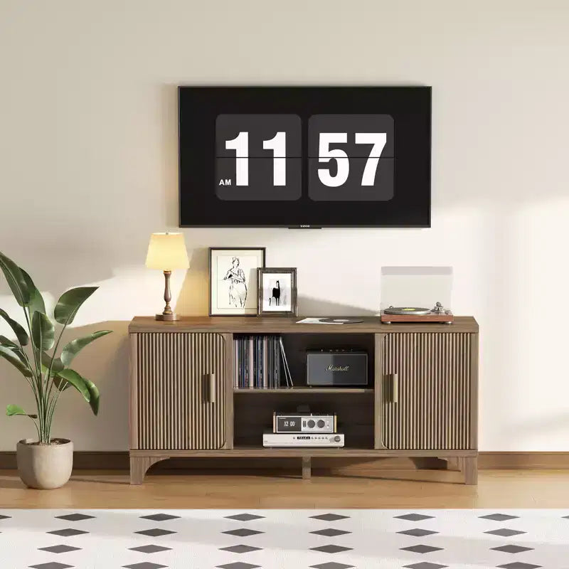 Mid Century TV Stand for 65 Inch TV with Soft Close Doors, Walnut Finish