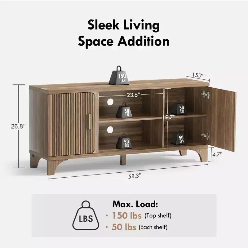 Mid Century TV Stand for 65 Inch TV with Soft Close Doors, Walnut Finish