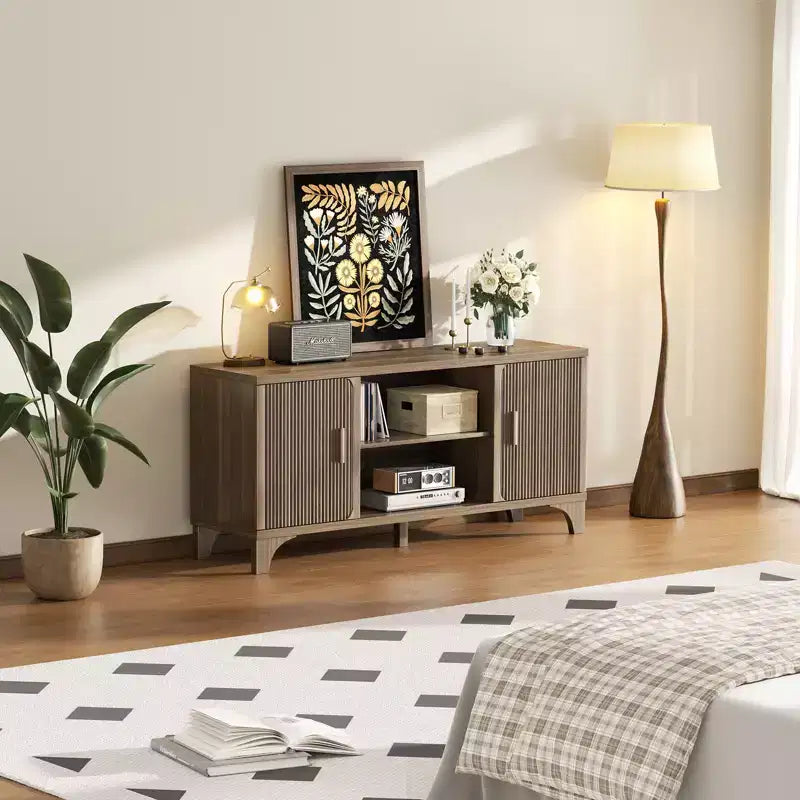 Mid Century TV Stand for 65 Inch TV with Soft Close Doors, Walnut Finish