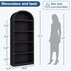 GustoWave 5 Shelf Arched Bookshelf ,71.65in Tall Bookcase,Farmhouse Display Storage Rack,Black