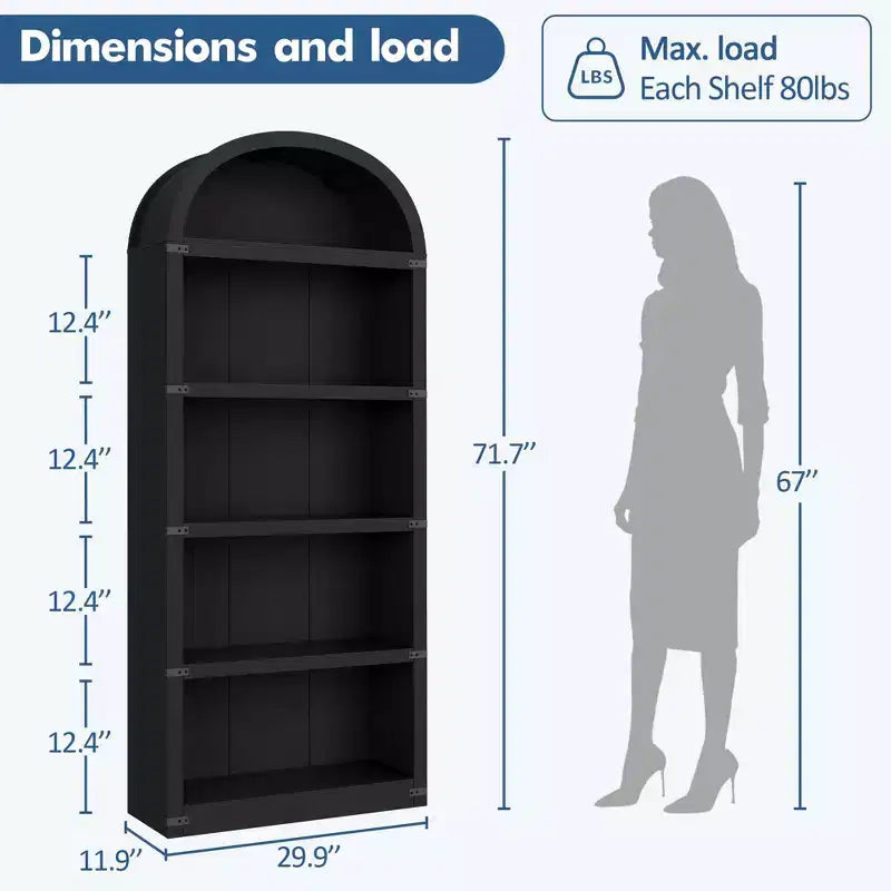 GustoWave 5 Shelf Arched Bookshelf ,71.65in Tall Bookcase,Farmhouse Display Storage Rack,Black