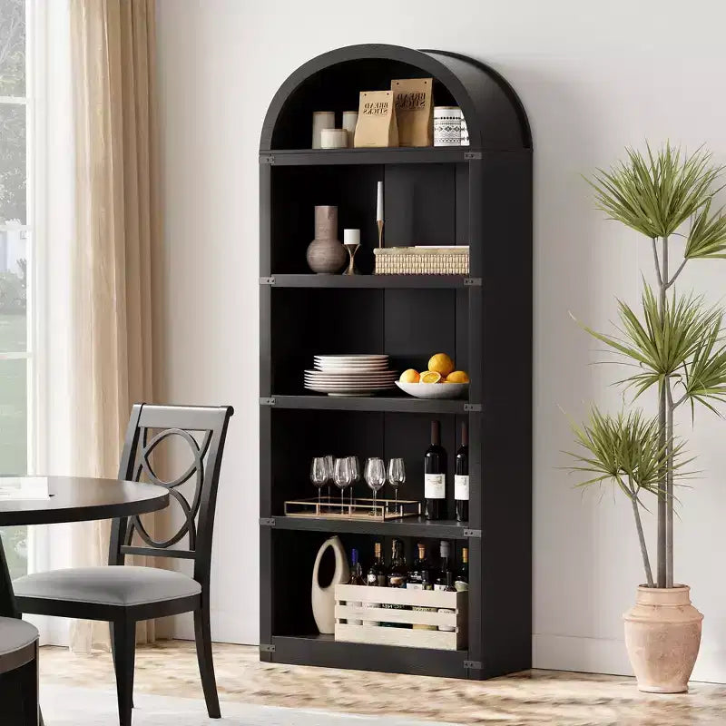 GustoWave 5 Shelf Arched Bookshelf ,71.65in Tall Bookcase,Farmhouse Display Storage Rack,Black