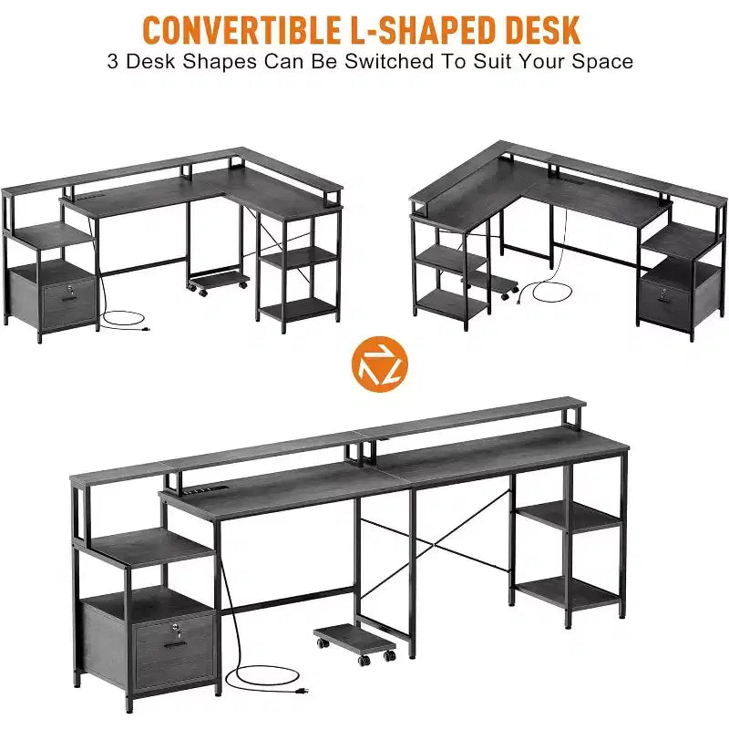 76 Grey L-Shaped Desk with Power Outlet, USB & Type-C Ports, Drawer, Monitor Shelf, Computer Desk for Home Office