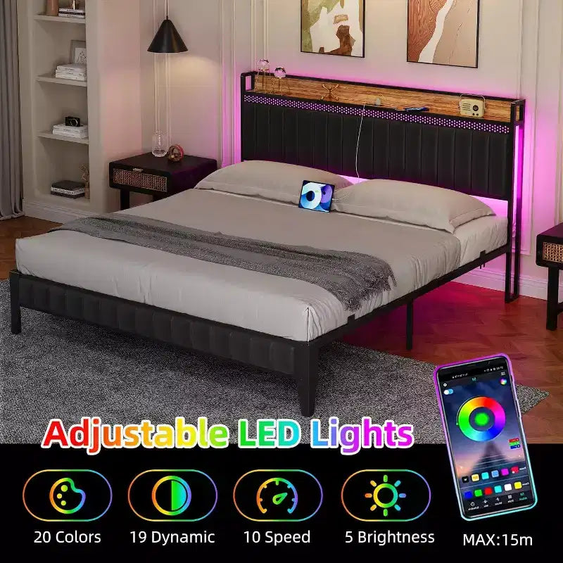 CuisinSmart Bed Frame with Charging Station, LED Bed Frame with Storage Headboard, Upholstered Platform Bed Frame, No Box Spring Needed