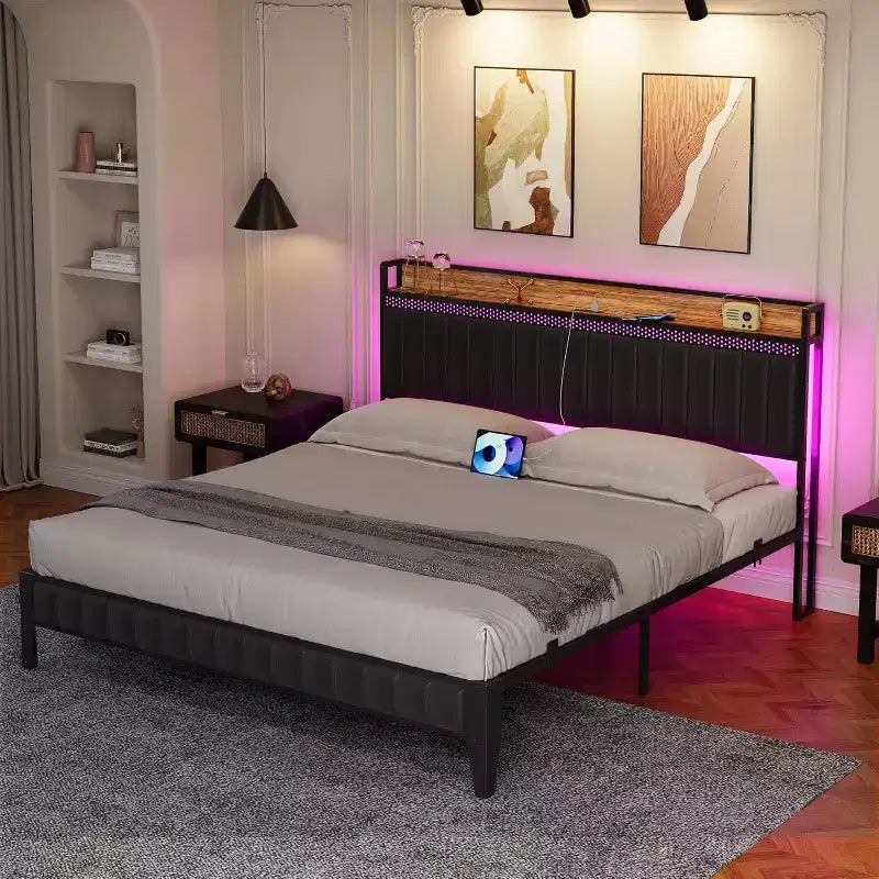CuisinSmart Bed Frame with Charging Station, LED Bed Frame with Storage Headboard, Upholstered Platform Bed Frame, No Box Spring Needed