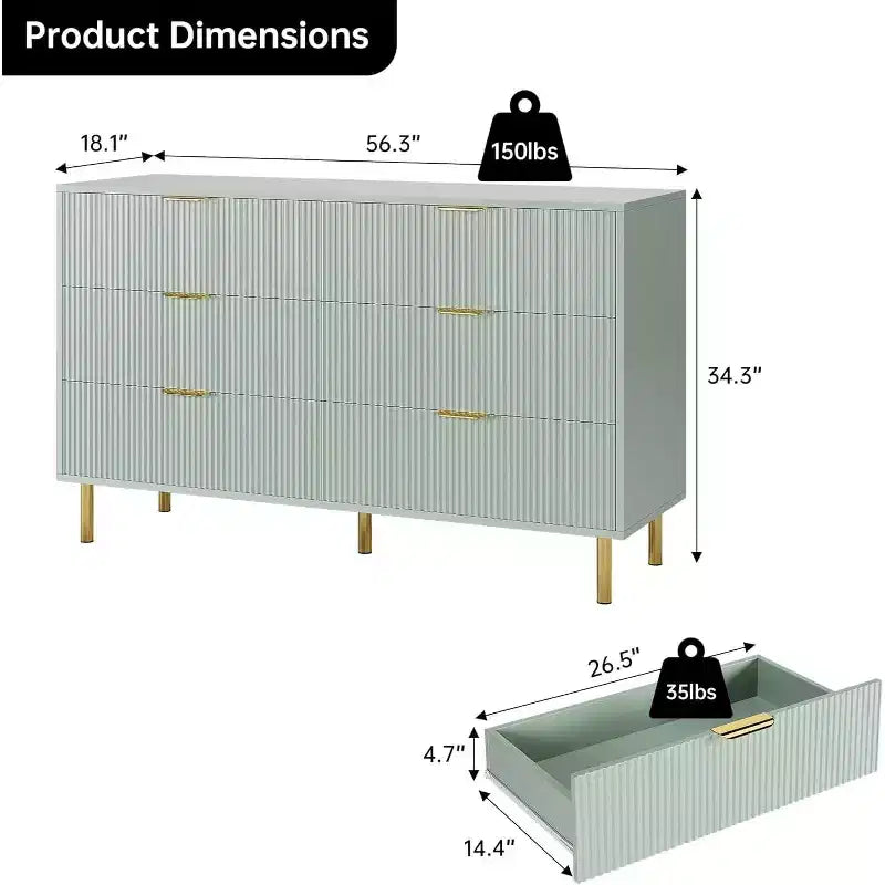 Dresser, Modern 6 Drawer Dresser for Bedroom with Gold Handle and Large Drawer, Wood Double Chest of Drawers and Storage Organizer