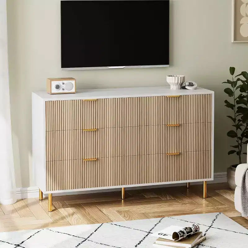 Dresser, Modern 6 Drawer Dresser for Bedroom with Gold Handle and Large Drawer, Wood Double Chest of Drawers and Storage Organizer